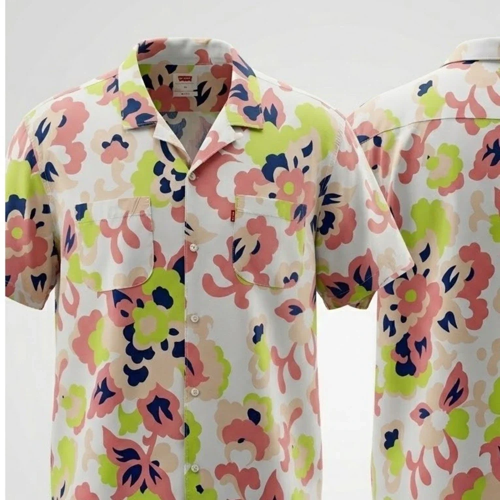 Levi's Shirt XL Pink Green Floral Tropical Viscose Cotton Blend Cabanacore‎ EUC